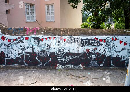 I murales di Street art di Graffiti fiancheggiano le strade e i vicoli posteriori di Rio de Janeiro, specialmente nei quartieri di Santa Teresa e Lapa. Foto Stock