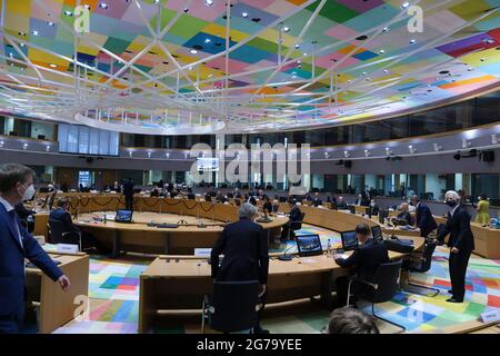 Riunione dei ministri dell'Economia e delle Finanze dell'UE presso la sede del Consiglio europeo di Bruxelles (Belgio). 12 luglio 2021. Credit: ALEXANDROS MICHAILIDIS/Alamy Live News Foto Stock