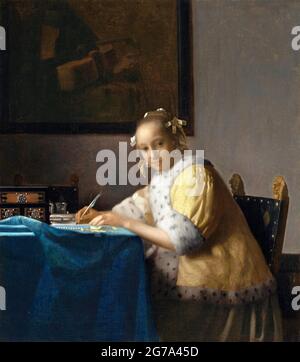 Vermeer. 'A Lady Writing' di Johannes Vermeer (1632-1675), olio su tela, c.. 1665 Foto Stock