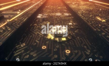 Rendering 3D di una scheda madre con microchip, transistor e semiconduttori Foto Stock