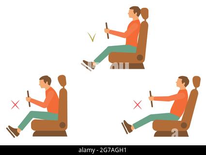 posizione di seduta corretta, conducente dell'auto, illustrazione vettoriale Illustrazione Vettoriale