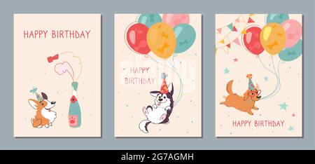 Eleganti carte di compleanno felici con divertenti corgi, Husky e labrador. Palle gonfiabili, champagne su sfondo beige. Biglietto d'auguri vettoriale con animali carini, stampa per tessuti di fabbrica Illustrazione Vettoriale
