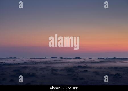 Europa, Danimarca, Jutland settentrionale. Nebbia nelle dune del Hulsig Hede a mezzanotte. Foto Stock