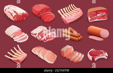 Serie di prodotti a base di carne in stile appartamento, di cottura, di prelibatezze. Illustrazione Vettoriale