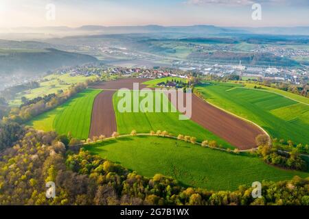 Drone image, Filstal, Foresta Svevia, Baden-Württemberg, Germania Foto Stock