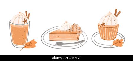 Set di dolci autunnali - latte di spezie di zucca, pezzo di torta di zucca e cupcake con crema su un piatto. Vettore disegno a mano illustrazione in cartoon piano sty Illustrazione Vettoriale
