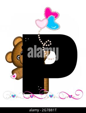 La lettera P, nell'alfabeto 'Teddy Valentine's Cutie', è nera. L'orsacchiotto bruno tiene palloncini a forma di cuore in rosa e blu. Corda di pera Foto Stock