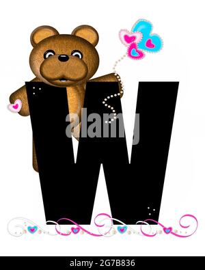 La lettera W, nell'alfabeto 'Teddy Valentine's Cutie', è nera. L'orsacchiotto bruno tiene palloncini a forma di cuore in rosa e blu. Corda di pera Foto Stock