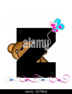 La lettera Z, nell'alfabeto 'Teddy Valentine's Cutie', è nera. L'orsacchiotto bruno tiene palloncini a forma di cuore in rosa e blu. Corda di pera Foto Stock