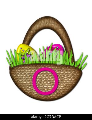La lettera o, nell'insieme dell'alfabeto 'cestino di Pasqua,' siede sul cestino marrone con la maniglia. Le colorate uova di Pasqua si siedono in un'erba verde lussureggiante all'interno del cesto. Foto Stock
