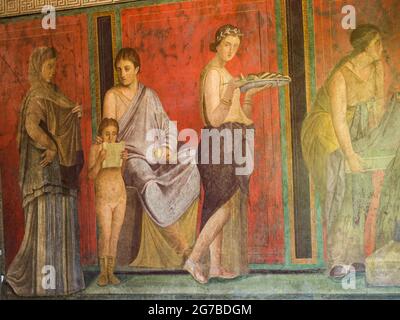 Murale, affresco, Villa dei Misteri, scavi della città romana di Pompei, Napoli, Campania, Italia Foto Stock