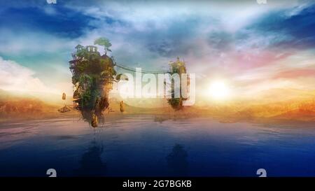 Fantastiche isole volanti sul lago all'alba, rendering 3D. Foto Stock