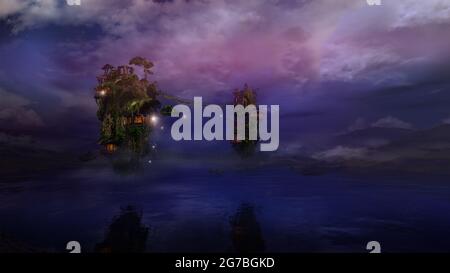 Fantastiche isole volanti sul lago notturno, rendering 3D. Foto Stock