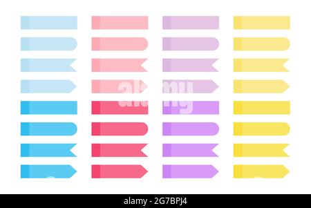 Set di adesivi Office note. Nastro adesivo piatto color pastello Memo. Forme diverse strisce segnalibri del nastro. Carta indicizzata, linguette con indicatore a freccia vuote. Isolato su illustrazione vettoriale bianca Illustrazione Vettoriale