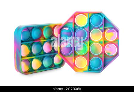 Giocattoli in fidget luminosi su sfondo bianco Foto Stock