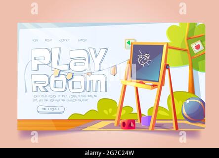 Banner per sala giochi con mobili e giocattoli per bambini. Landing page vettoriale, asilo o centro di cura del giorno con cartoon interno di stanza vuota del vivaio con lavagna per bambini disegno, tavolo e sedia Illustrazione Vettoriale