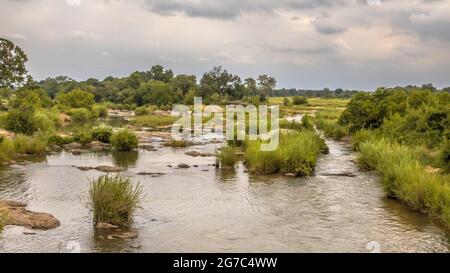 Panorama del Fiume Sabie incrocio vicino Skukuza camp nel parco nazionale Kruger Sud Africa Foto Stock