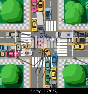 Incidente stradale tra due vetture al bivio Illustrazione Vettoriale