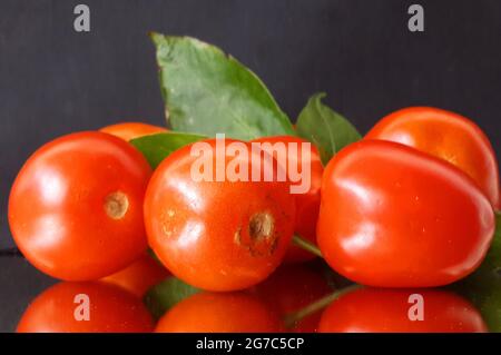 Malang, Indonesia - 11 luglio 2021 : ALCUNI POMODORI FRESCHI con foglie verdi sullo specchio Foto Stock