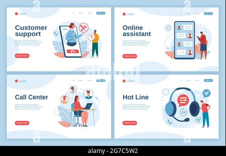 Assistenza clienti. Operatori di call center che consultano i clienti. Supporto tecnico online, hotline, landing page vettoriale per consulenti personali virtuali. Aiuto di emergenza, i lavoratori forniscono informazioni Illustrazione Vettoriale