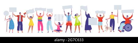 Protestare la gente. Diversi gruppi di uomini e donne che partecipano a manifestazioni o manifestazioni. Manifestanti che tengono segni e cartelli insieme vettoriale. Attivisti femminili e maschili con cartelli Illustrazione Vettoriale