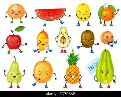 Personaggi di frutta cartoni animati. Arancio divertente, ananas, mela, avocado, limone con facce carine. Felice sorridente insieme vettoriale mascotte di frutta tropicale. Frutto organico adorabile con emozioni comiche Illustrazione Vettoriale