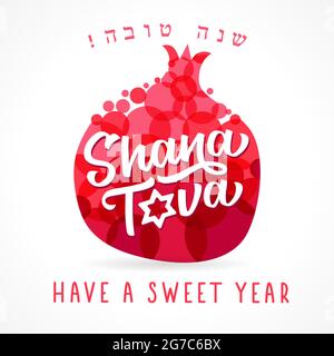 Shana Tova - scritta a mano con melograno. Testo ebraico - Felice Anno Nuovo. Banner di design per le feste. Modello per cartolina o biglietto di invito Illustrazione Vettoriale