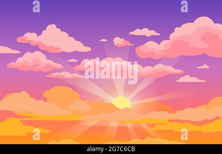 Cielo di tramonto con nuvole. Bellissimo sfondo di anime da viola a giallo con raggi solari e nuvole rosa soffici. Illustrazione vettoriale cartoon. Alba mattina nuvoloso paesaggio o crepuscolo all'aperto Illustrazione Vettoriale