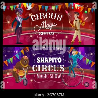 Palcoscenico del circo di Shapito, acrobat, giocoliere e orso addestrato su striscioni vettoriali dell'arena. Grandi artisti in tenda che presentano uno spettacolo di magia con corsa in bicicletta con orso Illustrazione Vettoriale