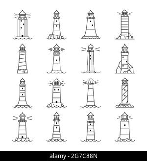 Faro e faro icone di contorno, edifici lineari vettoriali, marinai nautici, luce di sicurezza marina a vela. Torri faro, navigazione marittima Illustrazione Vettoriale