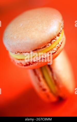 Macaron aromatizzati allo zafferano su sfondo arancione. Realizzato da Les Macarons de PIM! Foto Stock