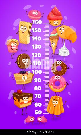 Caramelle, torte e dessert. Tabella altezza bambini, misuratore di crescita vettoriale con cupcake, croissant e gelato, biscotti al cioccolato, ciambella e waffle, m Illustrazione Vettoriale