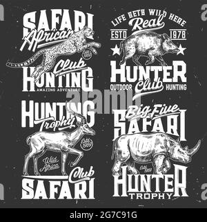 tshirt stampa Safari caccia vettore schizzi emblemi con animali rinoceronti, leopardi, gazzelle e cinghiali. Mascotte di animali africani selvatici per club di caccia safari Illustrazione Vettoriale