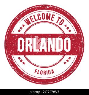 BENVENUTI A ORLANDO - FLORIDA, parole scritte sul francobollo rotondo rosso Foto Stock