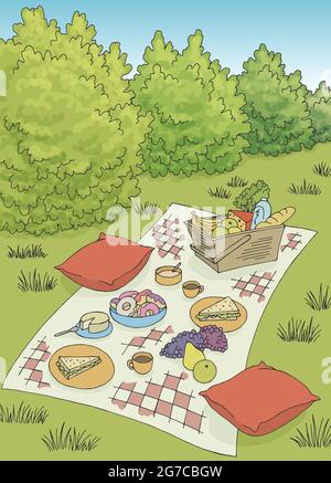 Picnic grafico verticale colore orizzontale illustrazione dello schizzo vettore Illustrazione Vettoriale