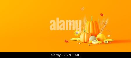 Autunno sfondo stagionale con zucche e decorazioni autunnali 3d rendering illustrazione 3d Foto Stock