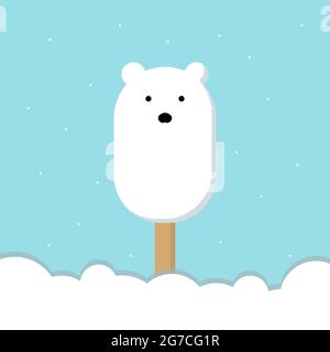 Striscione gelato orso polare su un bastone di legno, neve, fiocchi di neve. Stile piatto. La forma di un orso polare, su sfondo blu. Wrap, modello, sfondo, sfondo, annuncio. Illustrazione vettoriale Illustrazione Vettoriale
