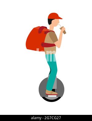 Consegna di merci, pizza, uomo, giri veloci su un monowheel, consegna veloce, guida senza ostacoli, modalità moderna di trasporto, consegna. Illustrazione vettoriale Illustrazione Vettoriale