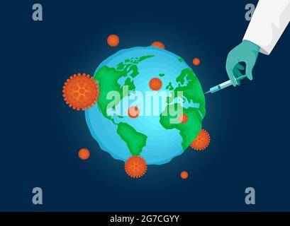 Mano del medico in guanto verde iniettare la siringa di vaccino contro l'infezione da coronavirus nel pianeta Terra. COVID-19 concetto di vaccinazione mondiale della malattia. Campagna globale di immunizzazione per la protezione da 2019 ncov Illustrazione Vettoriale