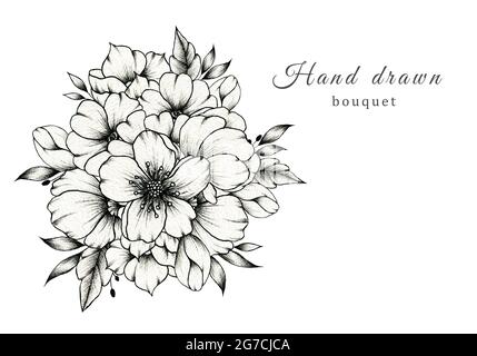 Elegante bouquet di nozze bianco e nero isolato su bianco, composizione fiore primavera, bella illustrazione botanica e inchiostro nero disegno floreale Foto Stock