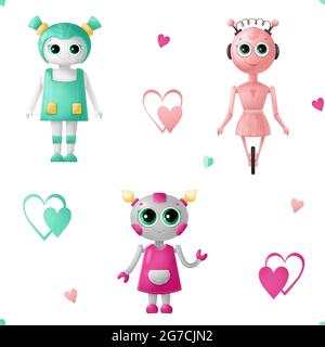 Modello senza cuciture con robot carini. Robot con occhi grandi, ragazza Foto Stock