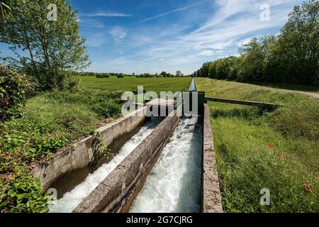 Due piccoli canali d'irrigazione in cemento in ambiente rurale, pianura Padana o valle del po (Pianura Padana). Provincia di Mantova, Italia, Europa meridionale. Foto Stock