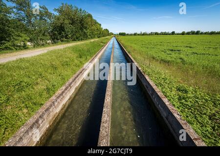 Due piccoli canali d'irrigazione in cemento in campagna, pianura Padana o valle del po (Pianura Padana). Provincia di Mantova, Italia, Europa meridionale. Foto Stock