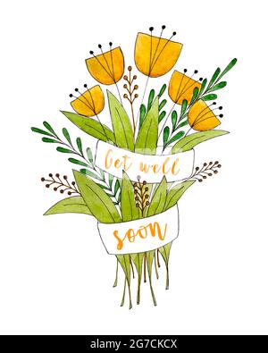 Bouquet di fiori acquerello con l'iscrizione ottenere ben presto, biglietto di auguri, desiderio di salute. Fiori doodling, disegno a mano, acquarelle, su sfondo bianco. Foto di alta qualità Foto Stock