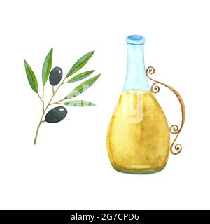 Acquerello a mano che traina una bottiglia di olio d'oliva, un ramo con olive, un contenitore di vetro con olio, colore giallo di liquido all'interno. Su sfondo bianco, isolato. Per il tuo progetto. Illustrazione Vettoriale