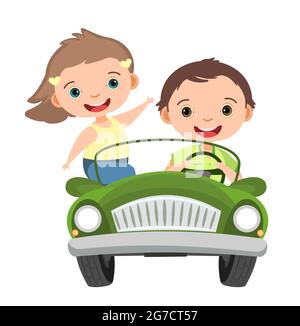 I bambini guidano un'auto. Auto verde per bambini. Ragazzo e ragazza. Veicolo giocattolo. Con un motore. Bella auto passeggero. Pedale o elettrico. Isolato su bianco Illustrazione Vettoriale