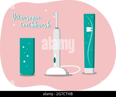 Set di spazzolini a ultrasuoni con dentifricio e coppetta per il lavaggio del bocca, spazzola elettrica, strumenti per la pulizia dei denti, odontoiatria. Illustrazione Vettoriale