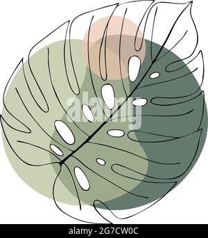 Foglia di monstera con profilo nero con macchie verdi beige astratte, disegnate a mano, stile doodling. Illustrazione vettoriale Illustrazione Vettoriale