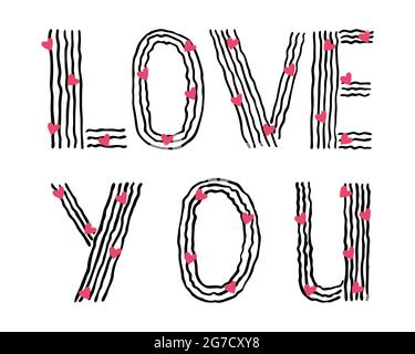 Lettering AMORE SI nero in stile doodling, con cuori, per sfondo, cartolina, banner. Illustrazione vettoriale Illustrazione Vettoriale