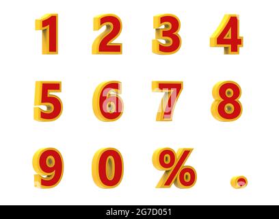 Lettere numeriche con il simbolo della percentuale e il simbolo del punto in rosso e giallo - illustrazione 3D Foto Stock